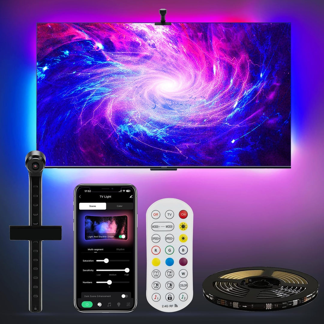 Lumo TV Backlight kit: camera, LED strip, remote and app, with a lit TV