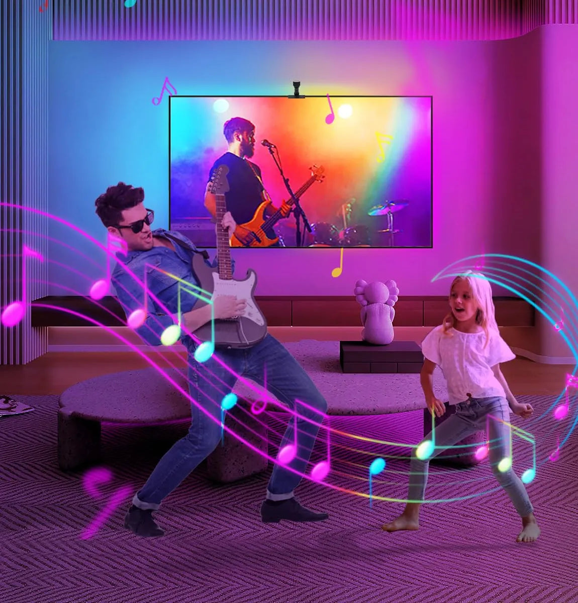 Living room lit in magenta while music plays