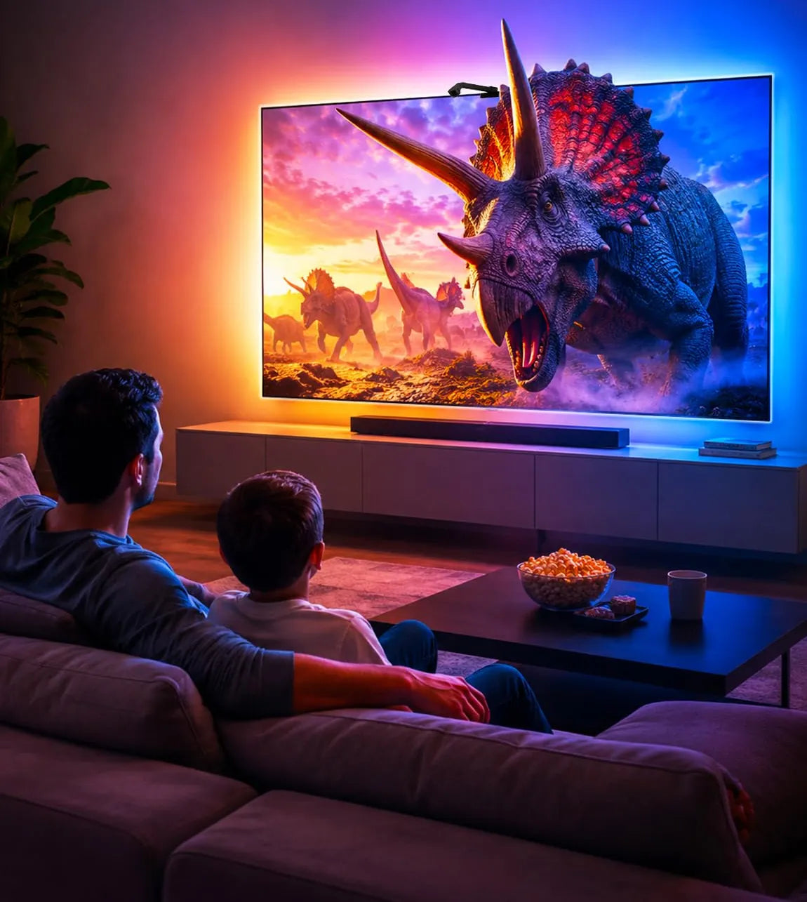 Family on the sofa watching a dinosaur film, warm light on the wall behind the TV